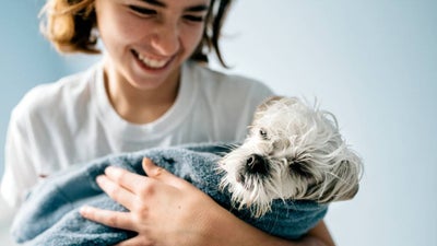 A smiling woman holds her freshly bathed dog wrapped in a towel