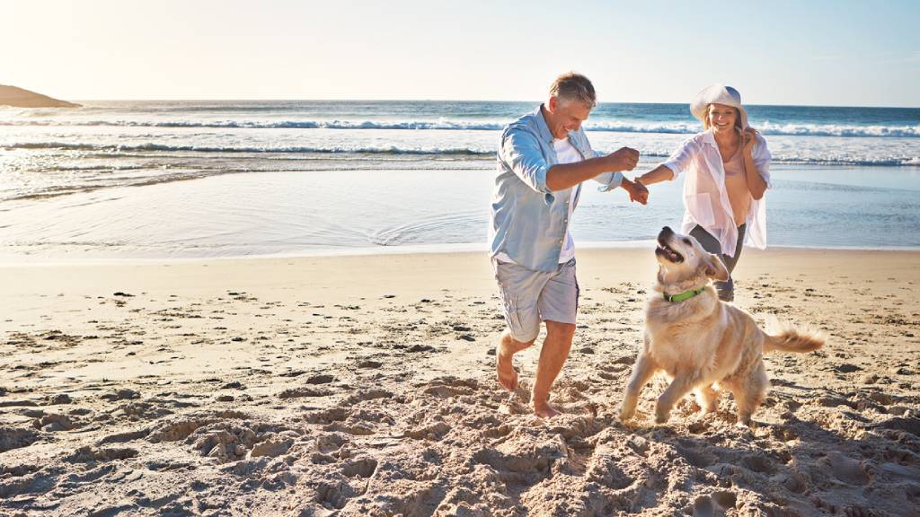 couple on holidays with dog