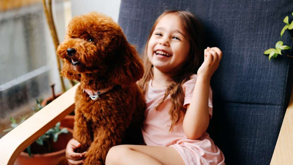 Girl and poodle puppy sitting on a chair smiling