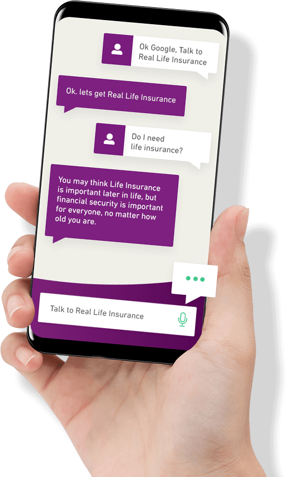 hand holding a mobile and showing Google voice chat with Real Insurance