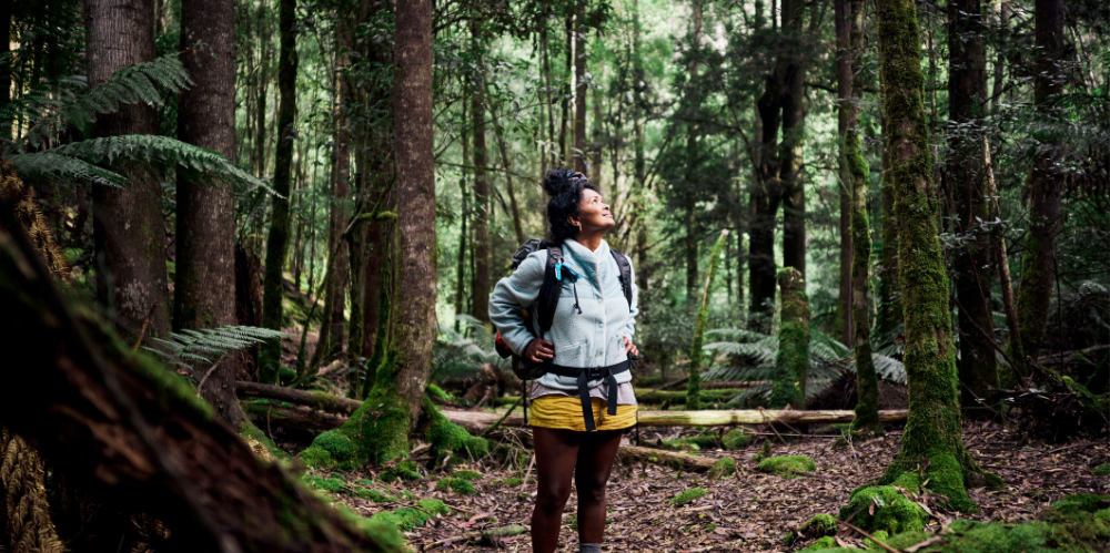 Women standing in a dense Australian forest, smiling up towards the sky.