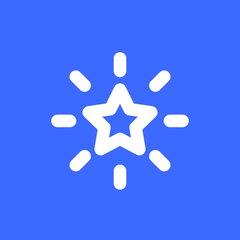 White starburst icon on blue background.