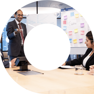 Viewfinder containing image of actuaries brainstorming around a whiteboard in a meeting room