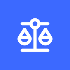 Blue and white icon of ethical scales in the middle.