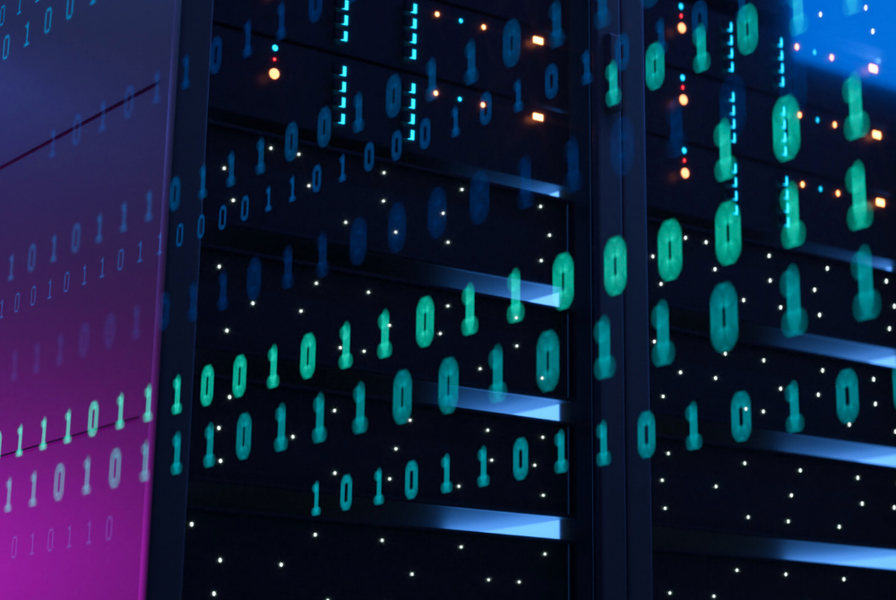 Night time image of city building with code superimposed over the top.