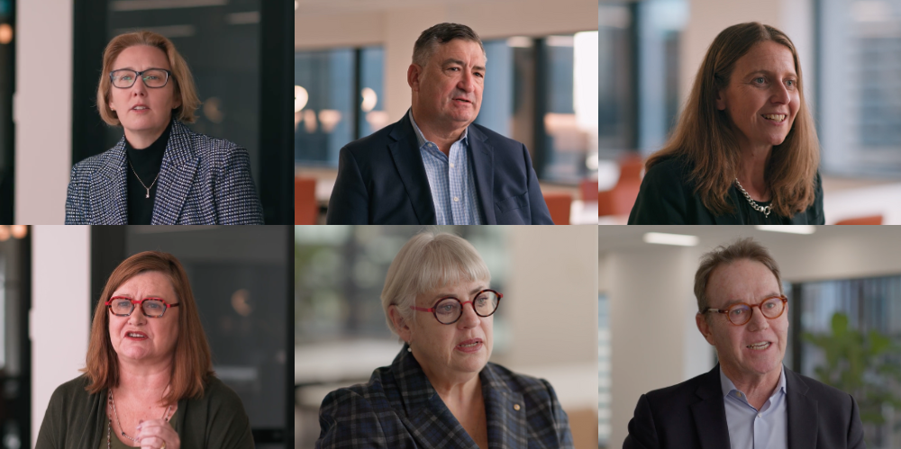 Montague of six business people talking