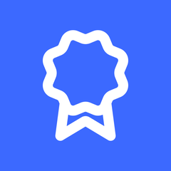 White icon representing certification on blue background