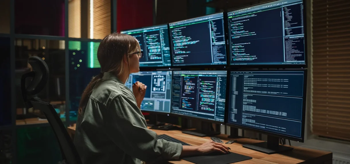 Women working at a desk with multiple screens showing coding.