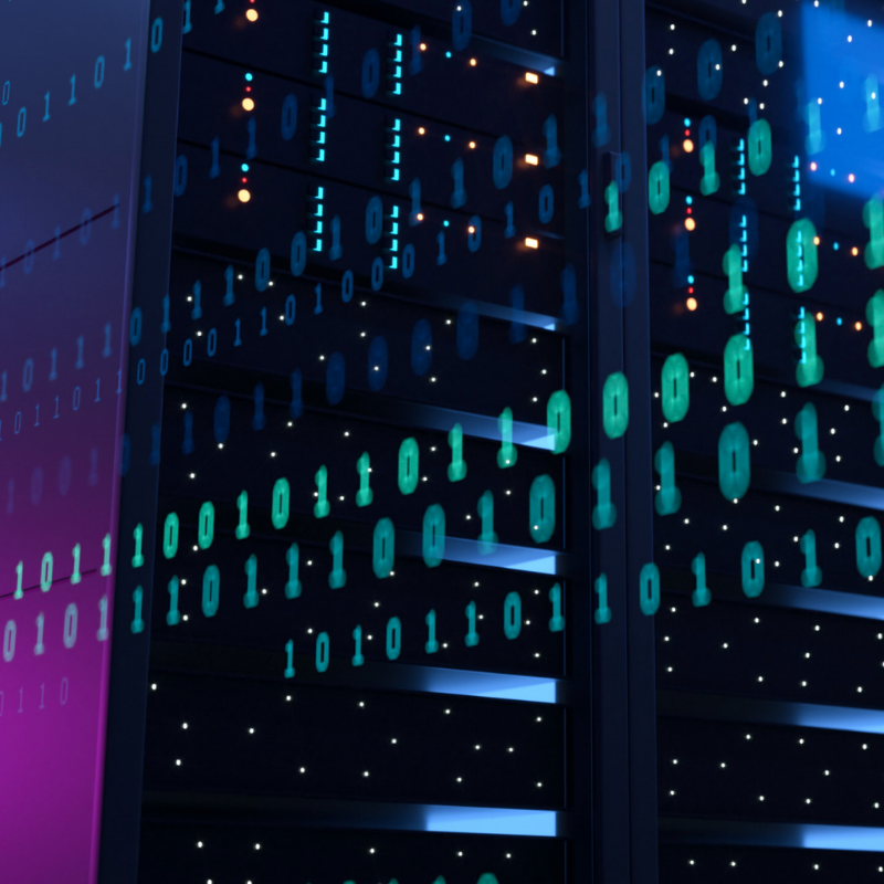 City building at night superimposed with code.