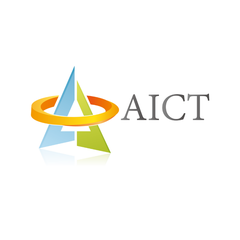 Two half triangles with gold ring around them and text reading "AICT"