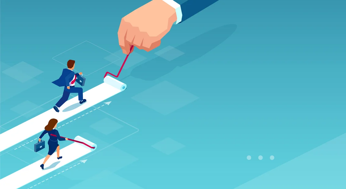Vector of a businesswoman painting her own career path while businessman being supported by corporate culture