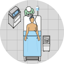 Illustration of a person lying down receiving Paracentesis treatment.