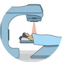 Illustration of woman lying down receiving radiotherapy on breast.