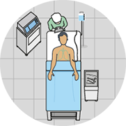 Illustration of person on surgery table with lungs outlined with doctor or nurse behind.