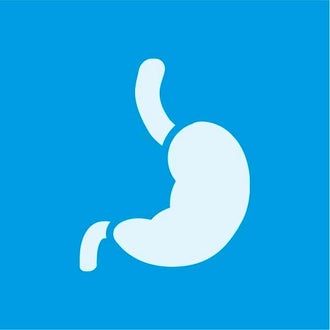 Illustration of stomach and oesophagus in white, against a blue background.