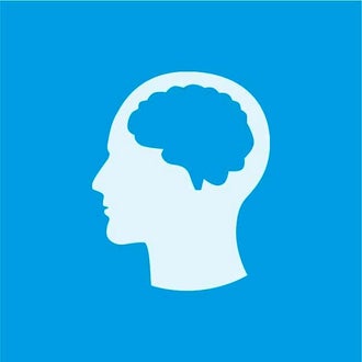 Illustration of head with blue brain against a blue background.