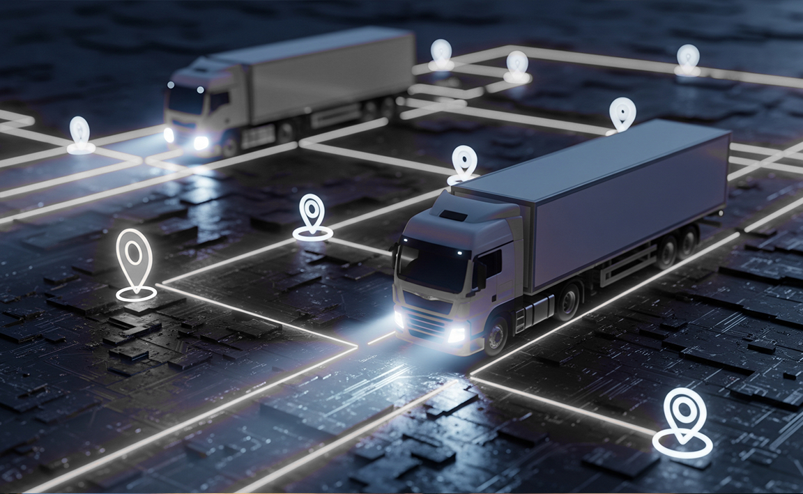 Two white trucks going to glowing locations