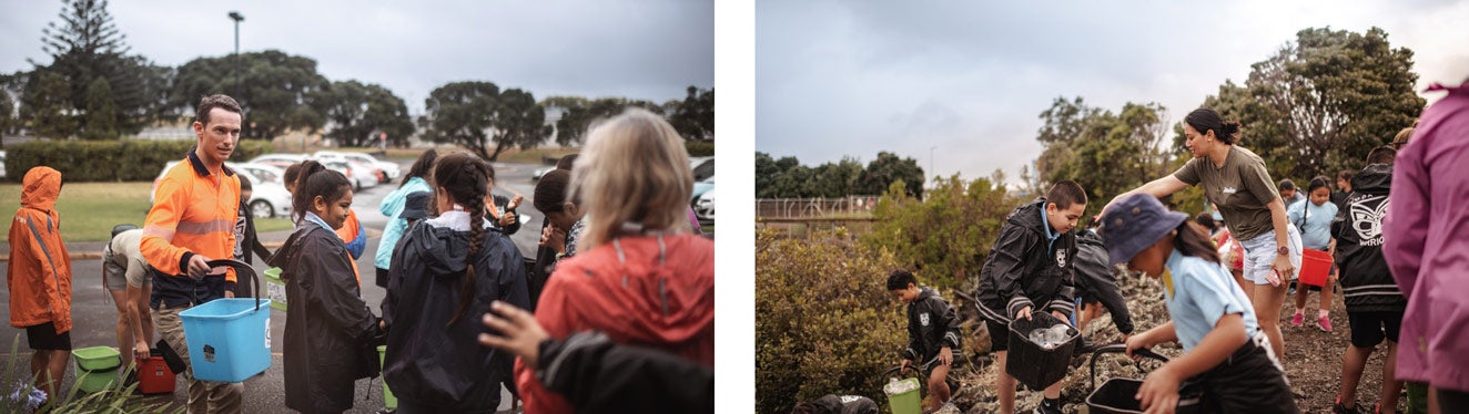 Watercare's Environmental Scientist Liam Templeton sets St Joseph's Grey Lynn School students up for the Sea Week beach clean up at the Māngere Wastewater Treatment Plant.