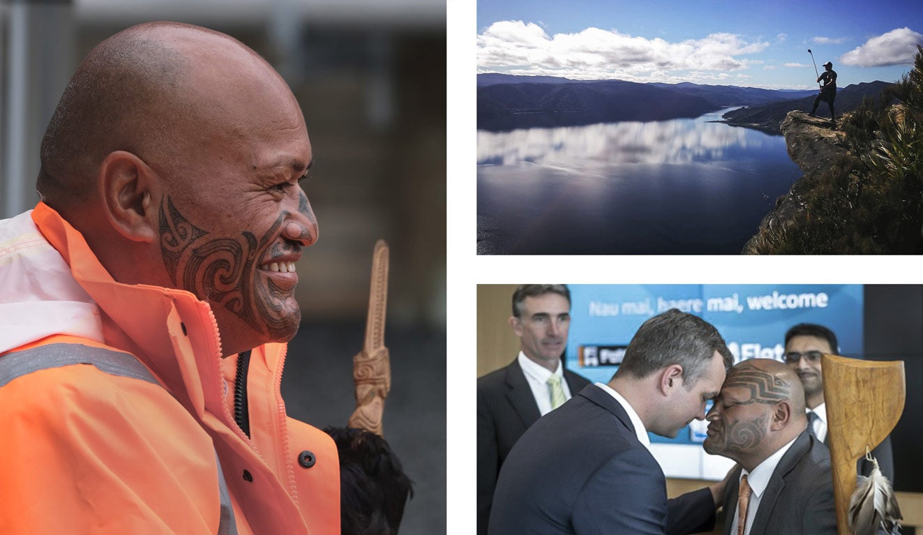 3 images: Watercare Principal Advisor Richie Waiwai: smiling with taihaha, hongi with project stakeholder and an image of his son overlooking Lake Waikaremoana.