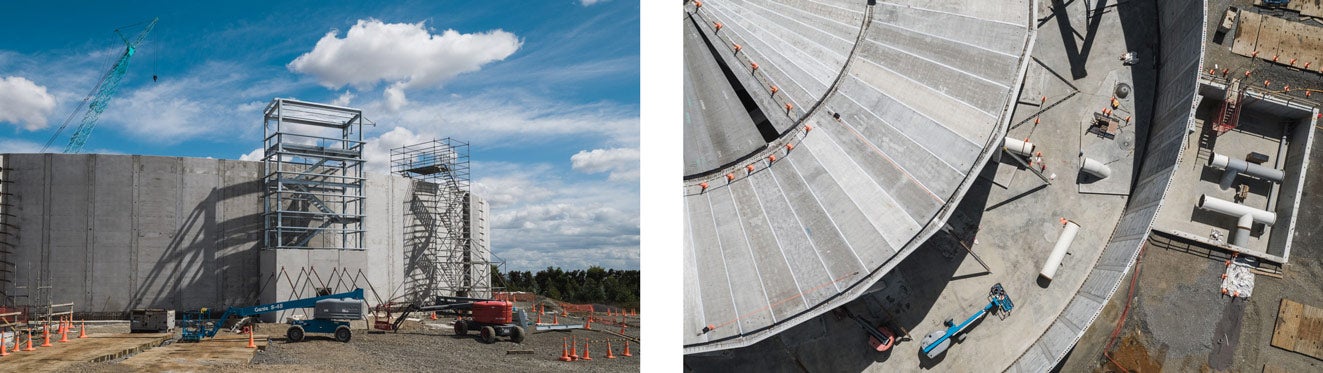 Pukekohe East Reservoir under construction - side profile and aerial showing the scale of the near complete works.