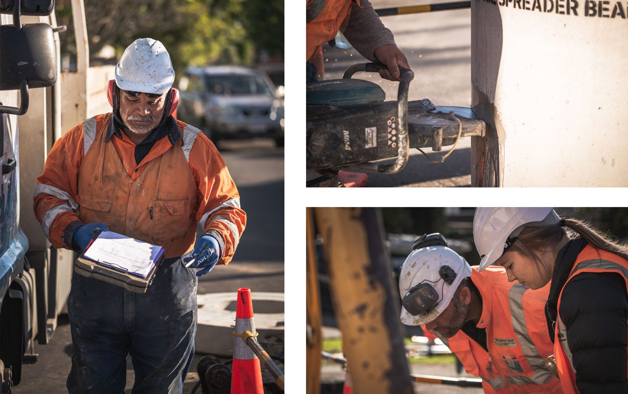 Collection of images showing Watercare and contracting staff investigating and repairing a burst pipe replacement in Ponsonby.