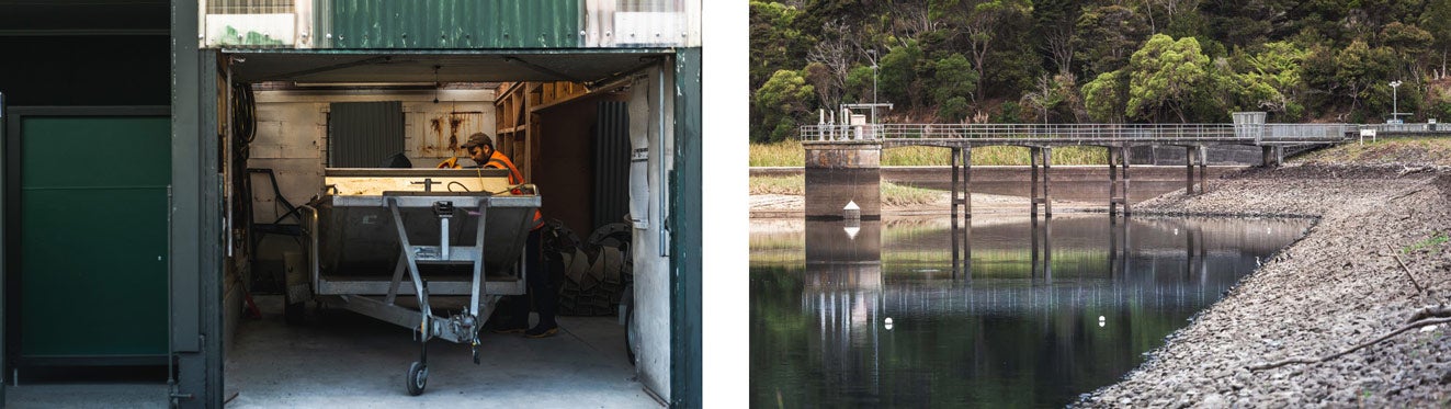 Two images: Watercare dam technician opens the garage and checks the dam boat. Second image: two buoys mark the spot of the eel trap in the Lower Nihotapu dam. 