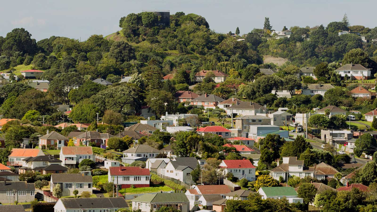 An aerial photograph of a suburb full of houses and trees.