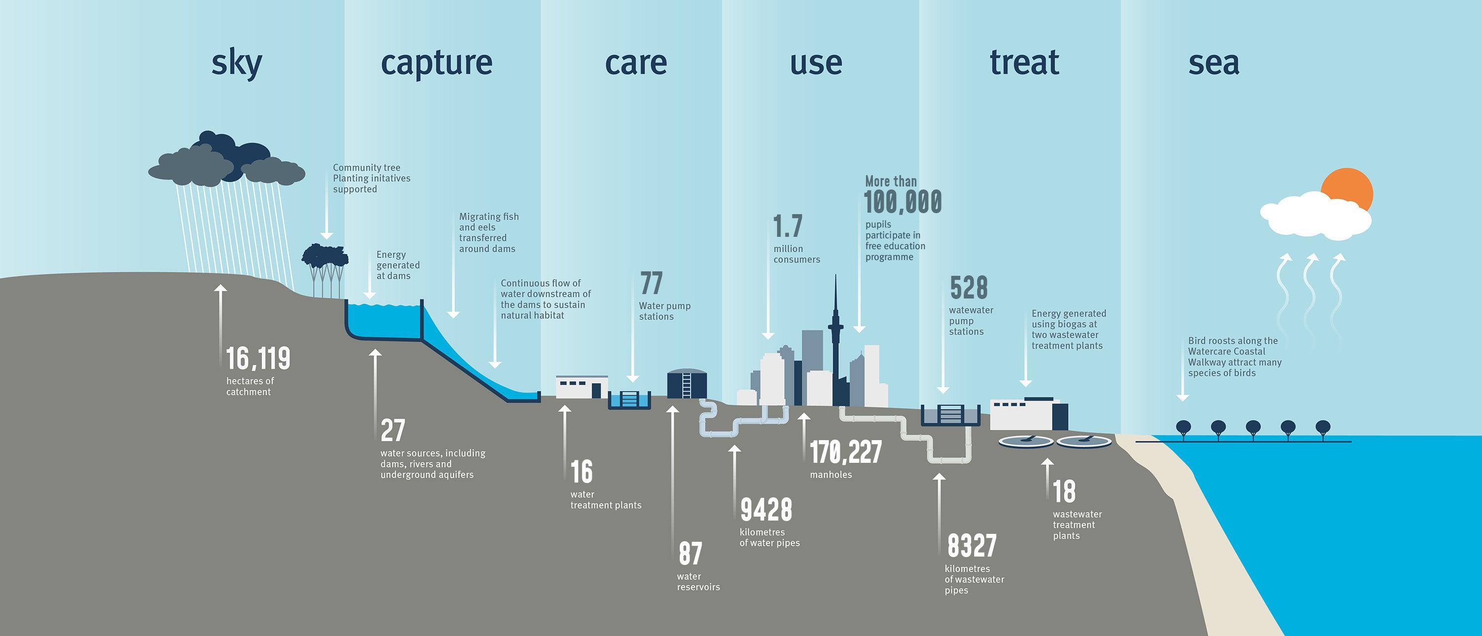 Infographic of where our water comes, the work we do on the ground, and where our water and wastewater ends up