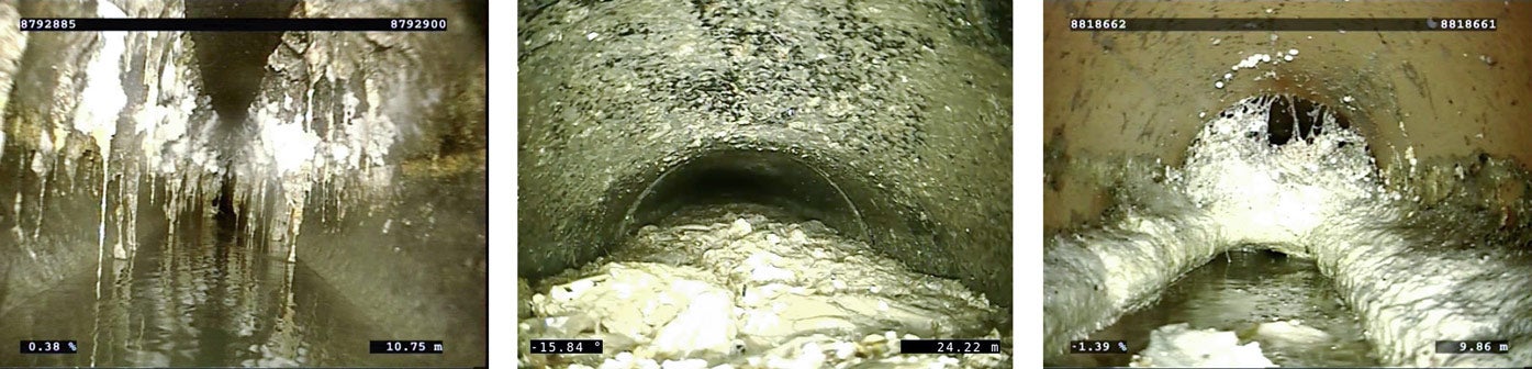 Underground endoscope images of grease, fats and oils accumulating as 'fatbergs' in wastewater pipework.