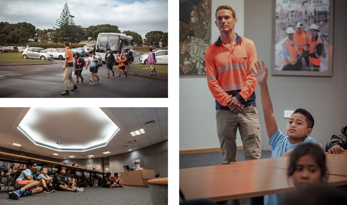 Watercare's Environmental Scientist Liam Templeton welcomes and informs St Joseph's Grey Lynn School students at the Māngere Wastewater Treatment Plant.