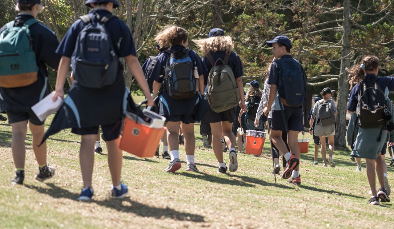 Northcross Intermediate School students walk with their Freshwater Detectives Kits towards their local stream in Sherwood Reserve, which connects to the Taiaotea Creek in Brown's Bay.  