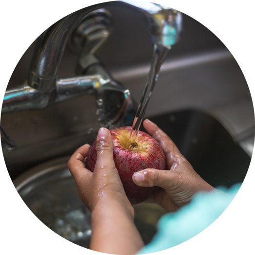 Boy washes apple under running kitchen tap. A bowl is placed underneath to capture the water for reuse.  