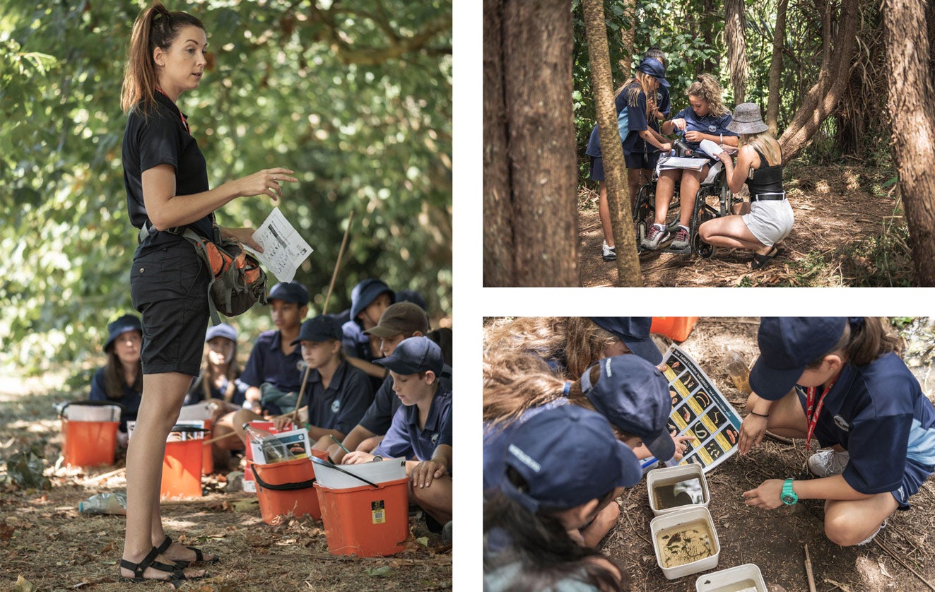 Northcross Intermediate School students are given instruction and guided by Watercare's Education Programme Co-ordinator Sarah Slater before undertaking research with their Freshwater Detectives Kits on a local stream in Sherwood Reserve, which connects to the Taiaotea Creek in Brown's Bay.  