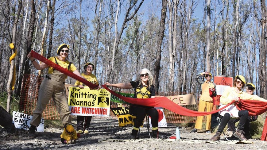 The Knitting Nannas in action at a protest against logging in the Myrtle State Forest in northern NSW. 