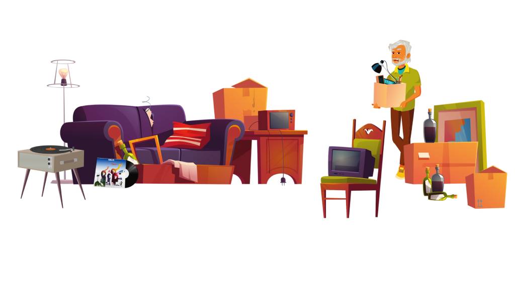 A cartoon of a senior cleaning and organising a cluttered house.