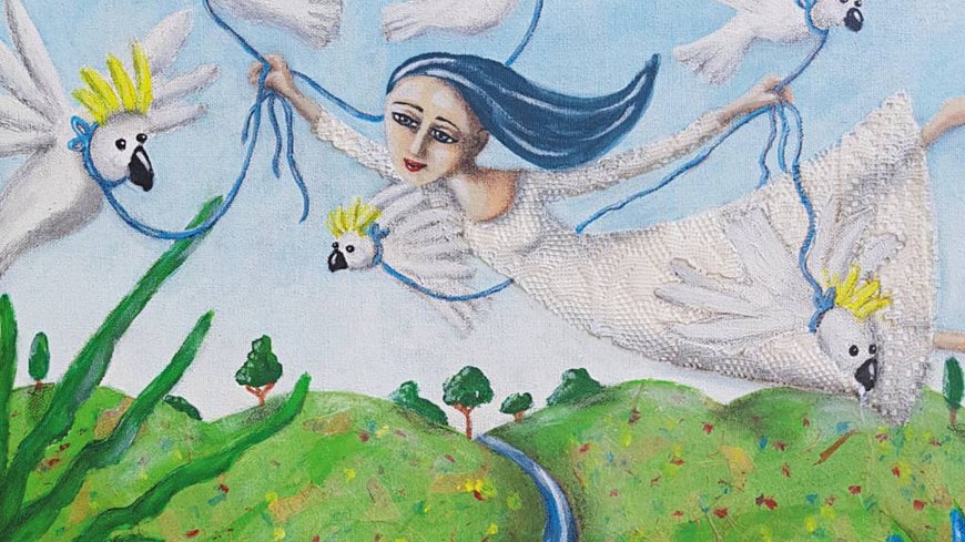 A painting titled Cockatoo Ascension by author Bev Aisbett