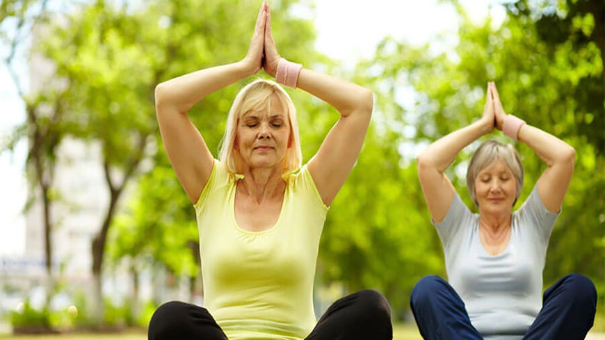 senior women doing yoga in the park