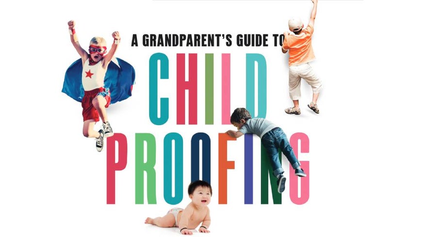 Graphic with words a grandparent's guide to childproofing with images of children and babies