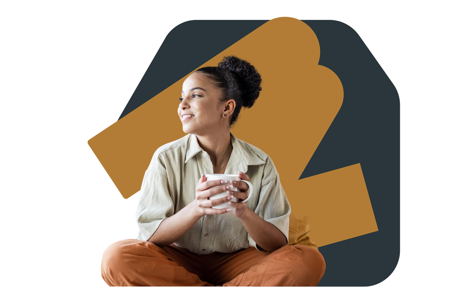 Women smiling holding cup of tea. My Mirror branded colours behind (orange & grey)