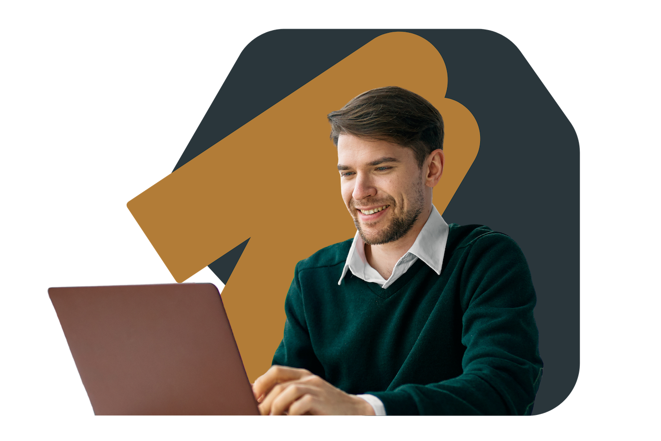 Man sitting at computer smiling with My Mirror brand colours (Orange & Dark grey) behind man 