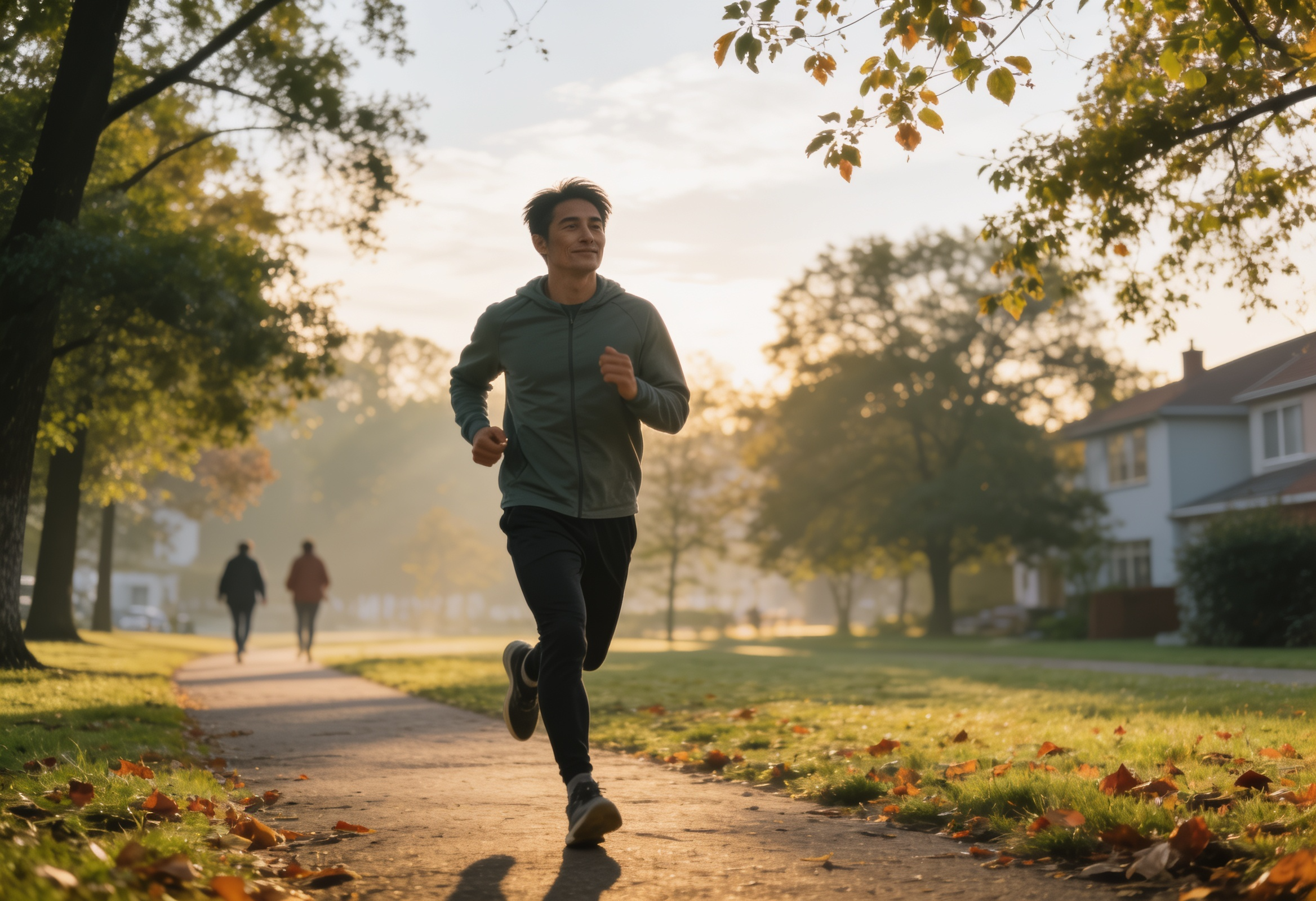 A person jogging in a calm park at sunrise, illustrating how gentle movement and exercise can support people managing anxiety and panic symptoms in a warm, supportive way.