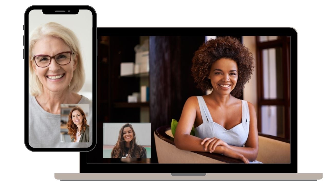Image of a mobile phone device view and desktop view of a client and psychologist in session 