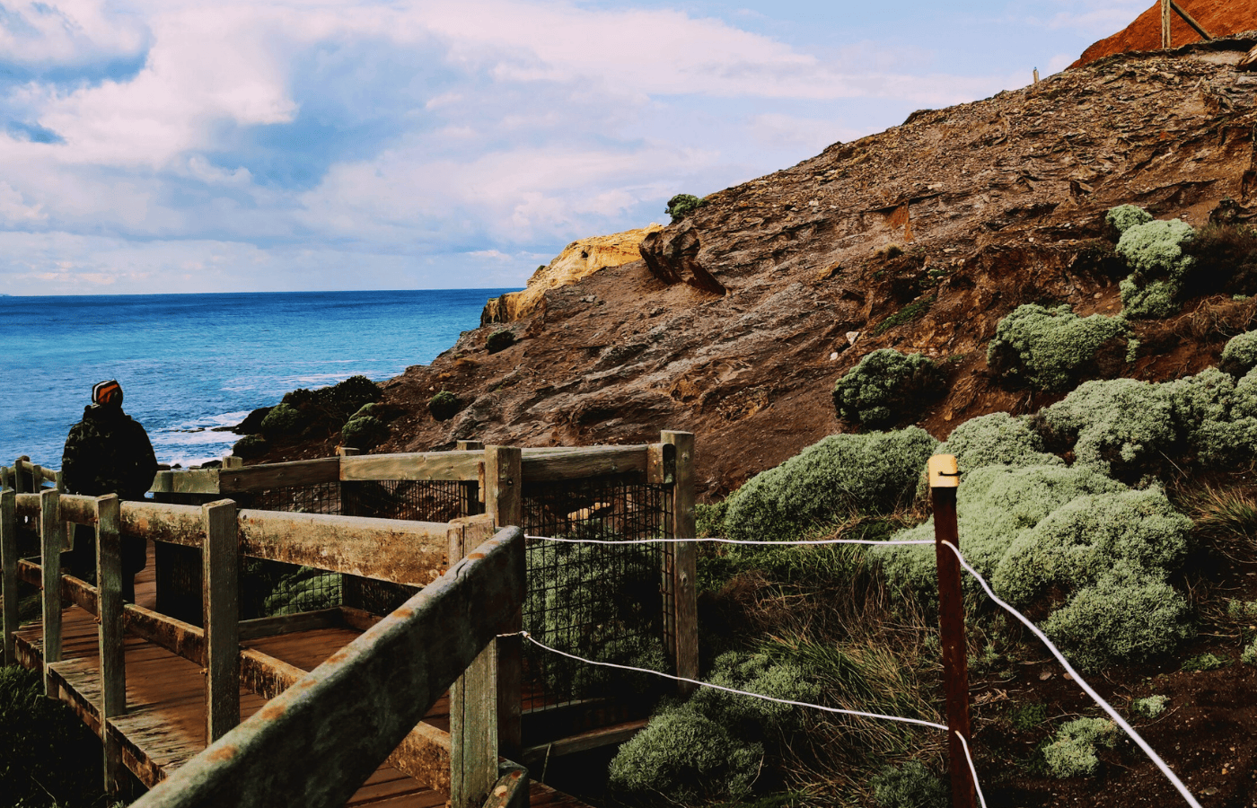 A long-shot of a person doing a Coastal walk in Victoria, Australia.
