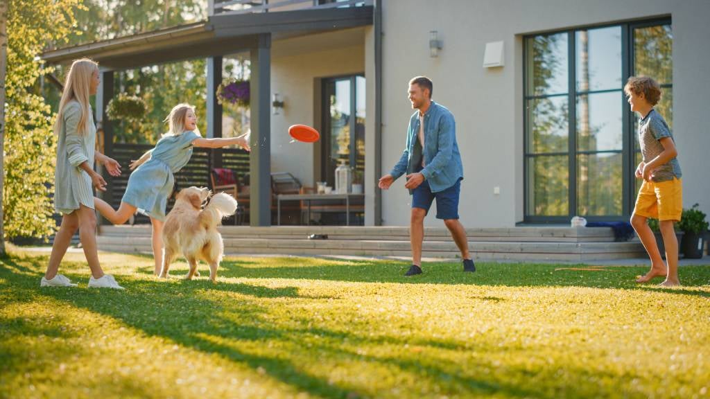 Family play outside together with dog