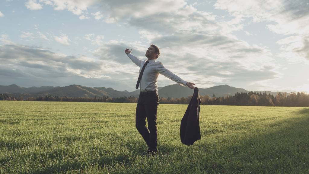 Successful young businessman relaxing in a field