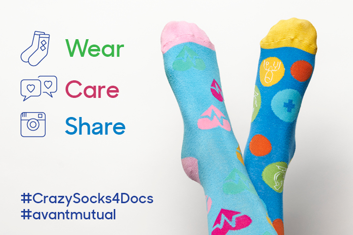 Text "Wear Care and Share" with picture of two crazy socks
