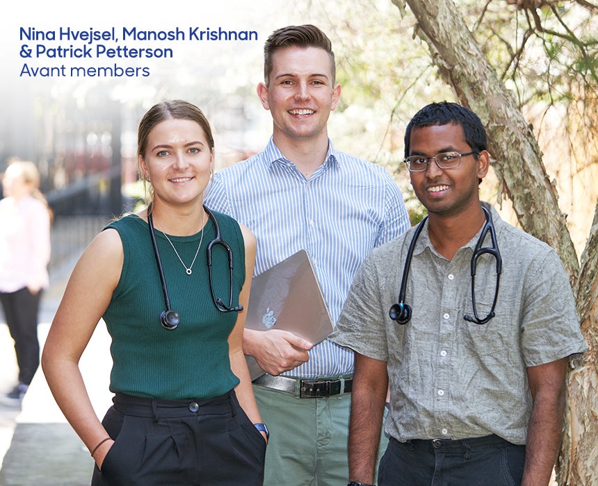 Medical students Nina Hvejsel, Manosh Krishnan and Patrick Petterson standing on a university campus.