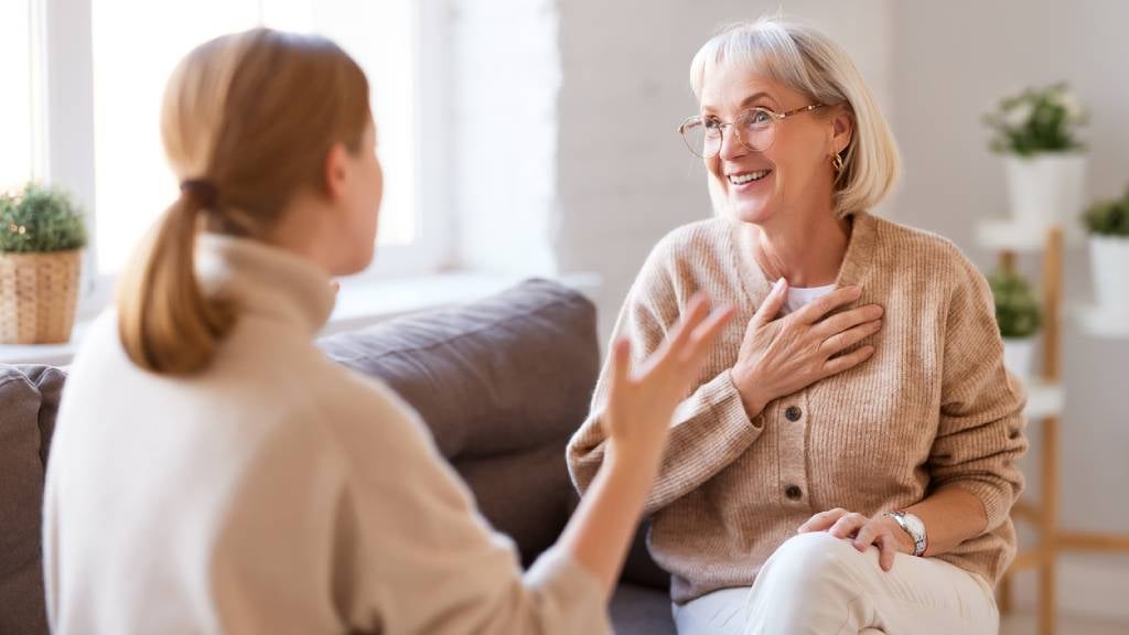 Older mother and daughter having a conversation on the couch in the living room.