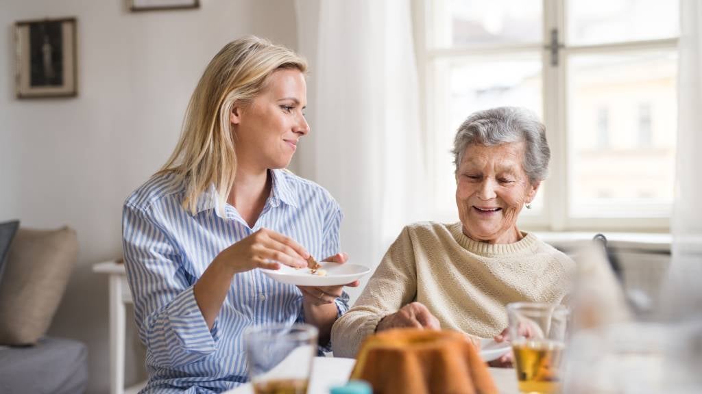 Senior woman sitting at the table with a health visitor