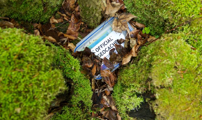 geocaching container hidden in mossy rocks 